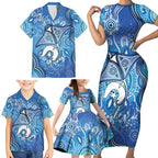 Torres Strait Islander Dhari Stingray Family Matching Short Sleeve Bodycon Dress and Hawaiian Shirt Aboriginal Dot Art Blue Pastel Style