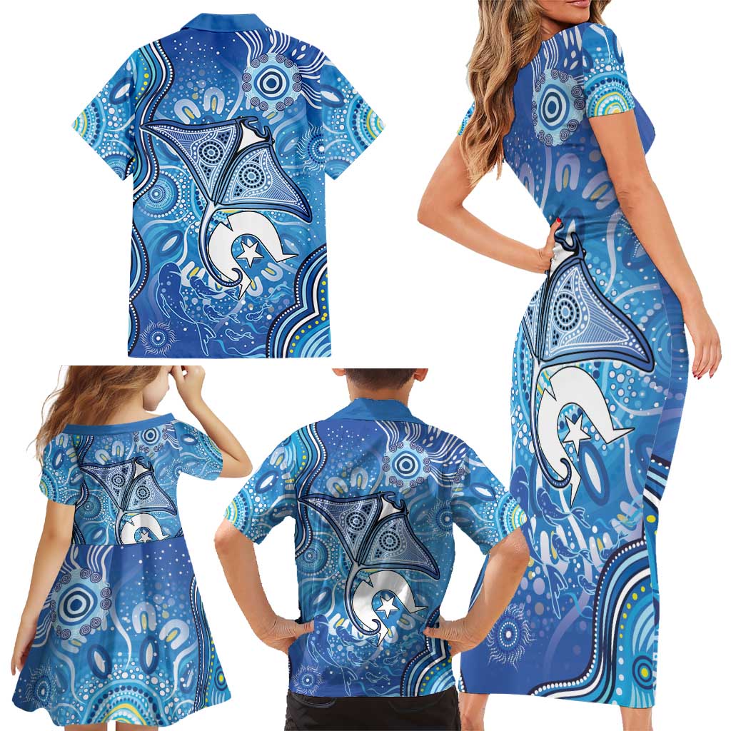 Torres Strait Islander Dhari Stingray Family Matching Short Sleeve Bodycon Dress and Hawaiian Shirt Aboriginal Dot Art Blue Pastel Style