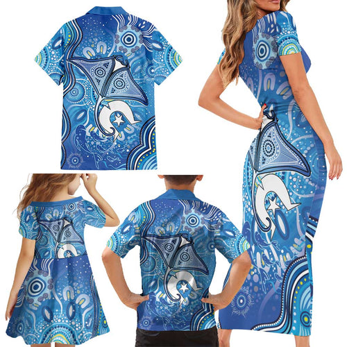 Torres Strait Islander Dhari Stingray Family Matching Short Sleeve Bodycon Dress and Hawaiian Shirt Aboriginal Dot Art Blue Pastel Style