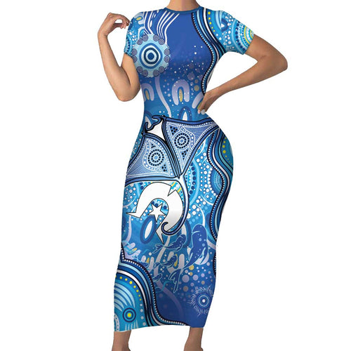 Torres Strait Islander Dhari Stingray Family Matching Short Sleeve Bodycon Dress and Hawaiian Shirt Aboriginal Dot Art Blue Pastel Style