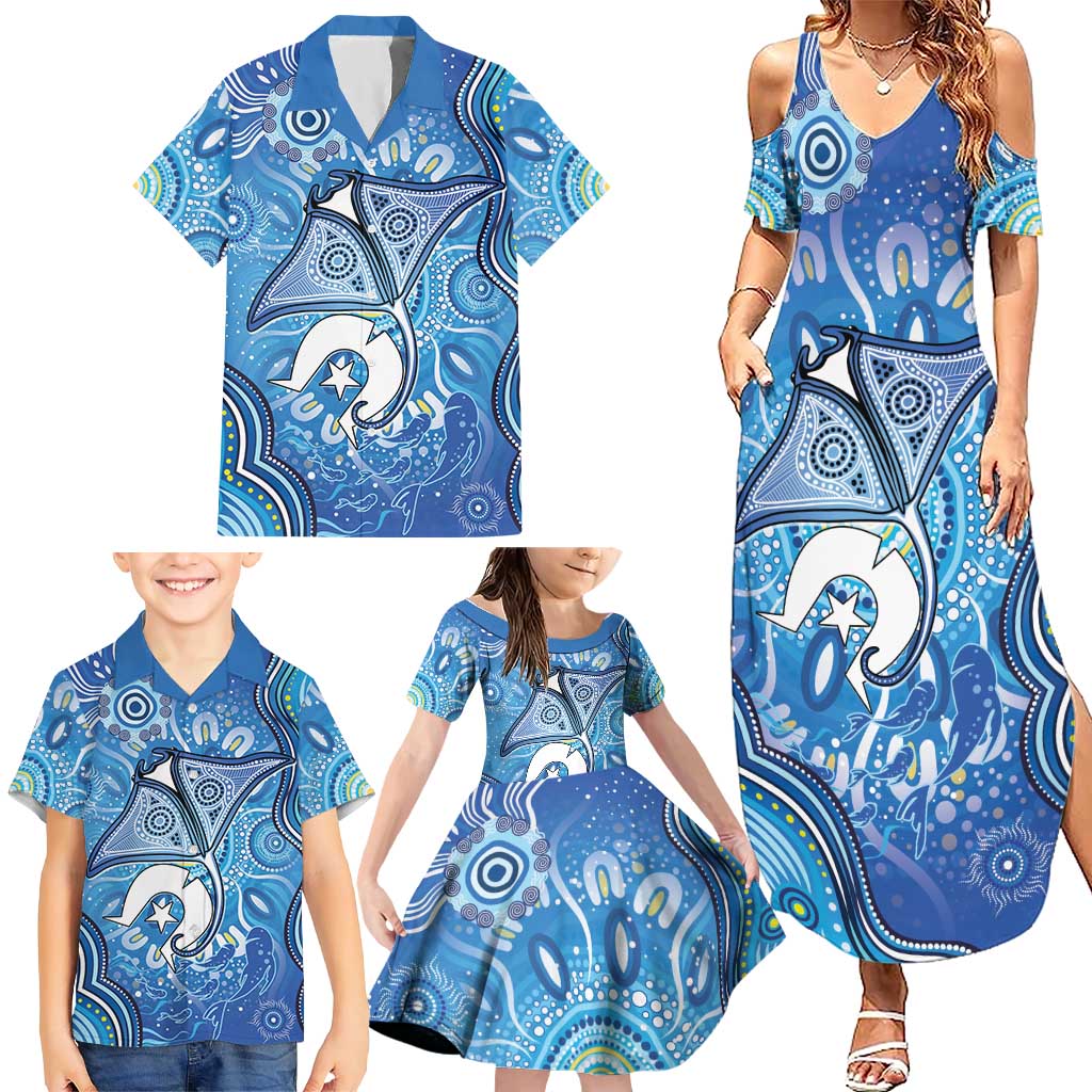 Torres Strait Islander Dhari Stingray Family Matching Summer Maxi Dress and Hawaiian Shirt Aboriginal Dot Art Blue Pastel Style