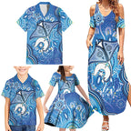 Torres Strait Islander Dhari Stingray Family Matching Summer Maxi Dress and Hawaiian Shirt Aboriginal Dot Art Blue Pastel Style