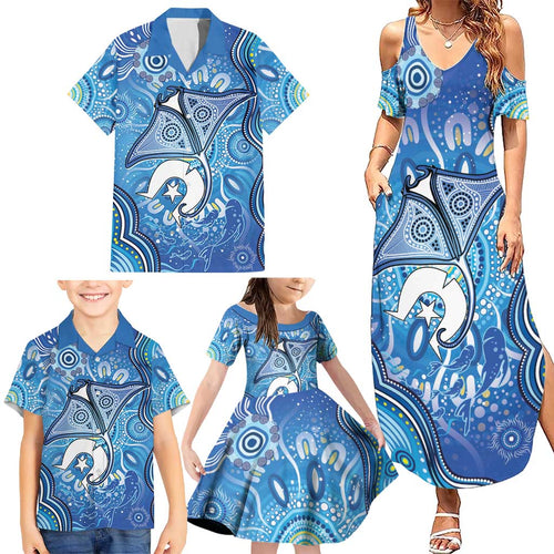 Torres Strait Islander Dhari Stingray Family Matching Summer Maxi Dress and Hawaiian Shirt Aboriginal Dot Art Blue Pastel Style