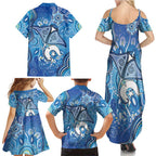 Torres Strait Islander Dhari Stingray Family Matching Summer Maxi Dress and Hawaiian Shirt Aboriginal Dot Art Blue Pastel Style