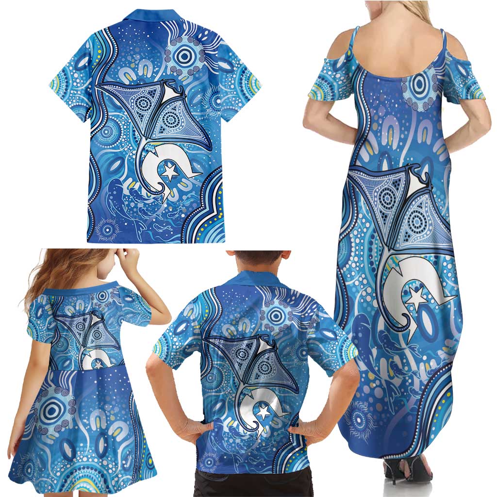 Torres Strait Islander Dhari Stingray Family Matching Summer Maxi Dress and Hawaiian Shirt Aboriginal Dot Art Blue Pastel Style