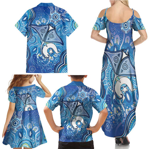 Torres Strait Islander Dhari Stingray Family Matching Summer Maxi Dress and Hawaiian Shirt Aboriginal Dot Art Blue Pastel Style