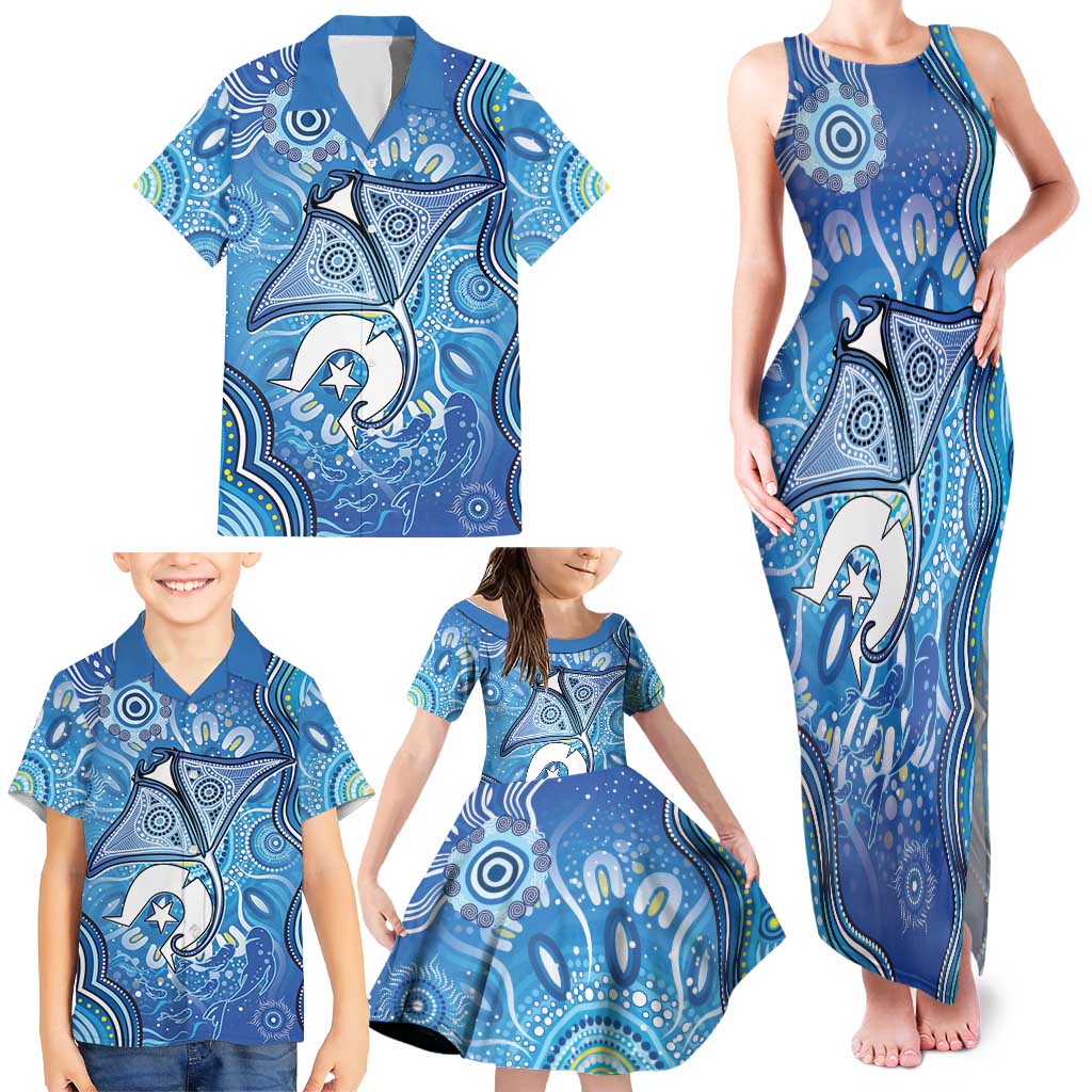 Torres Strait Islander Dhari Stingray Family Matching Tank Maxi Dress and Hawaiian Shirt Aboriginal Dot Art Blue Pastel Style