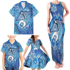 Torres Strait Islander Dhari Stingray Family Matching Tank Maxi Dress and Hawaiian Shirt Aboriginal Dot Art Blue Pastel Style