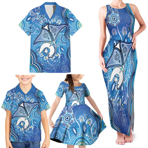 Torres Strait Islander Dhari Stingray Family Matching Tank Maxi Dress and Hawaiian Shirt Aboriginal Dot Art Blue Pastel Style