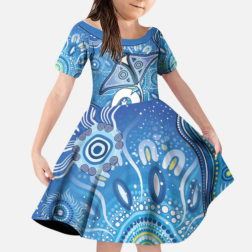 Torres Strait Islander Dhari Stingray Family Matching Tank Maxi Dress and Hawaiian Shirt Aboriginal Dot Art Blue Pastel Style