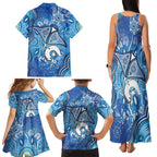 Torres Strait Islander Dhari Stingray Family Matching Tank Maxi Dress and Hawaiian Shirt Aboriginal Dot Art Blue Pastel Style