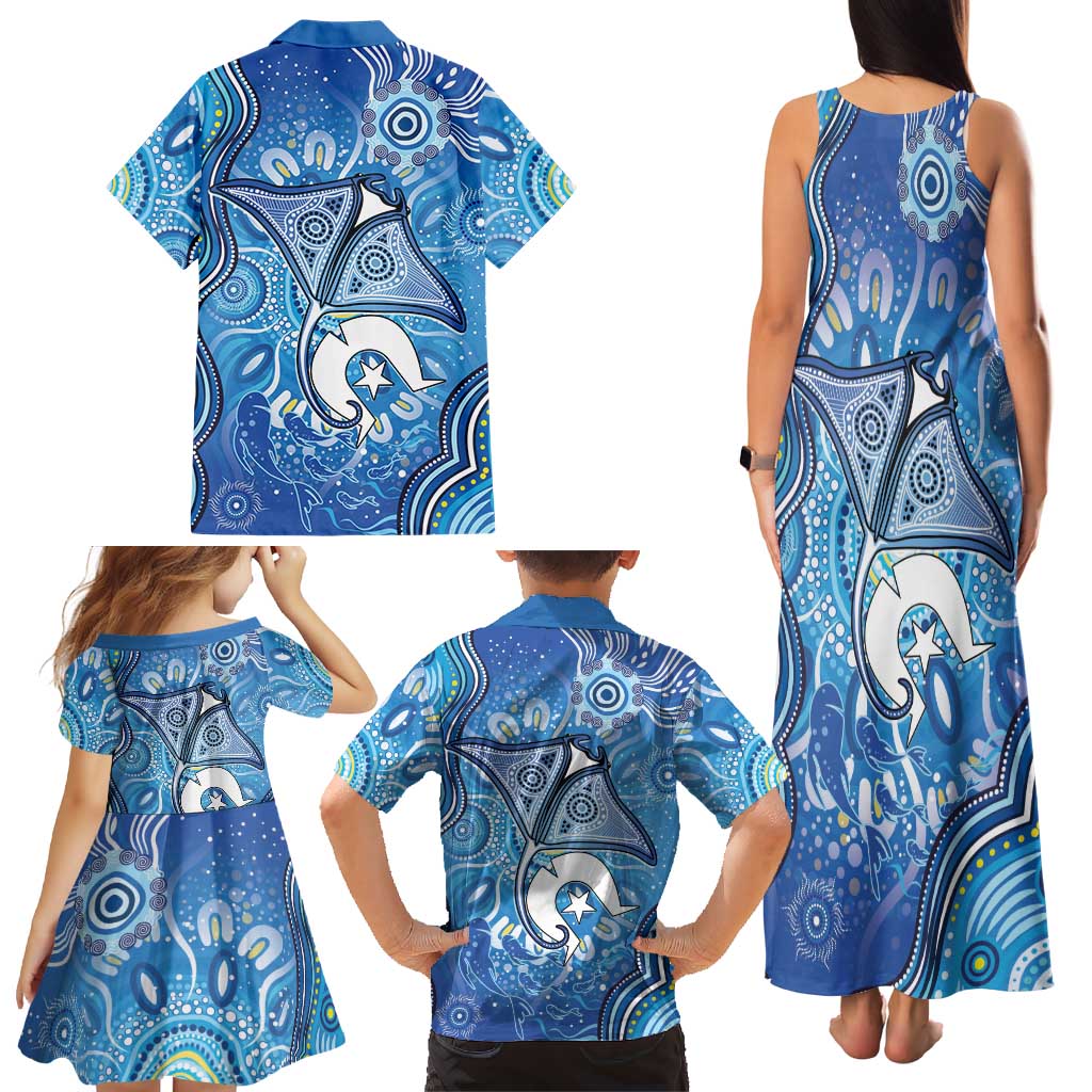 Torres Strait Islander Dhari Stingray Family Matching Tank Maxi Dress and Hawaiian Shirt Aboriginal Dot Art Blue Pastel Style