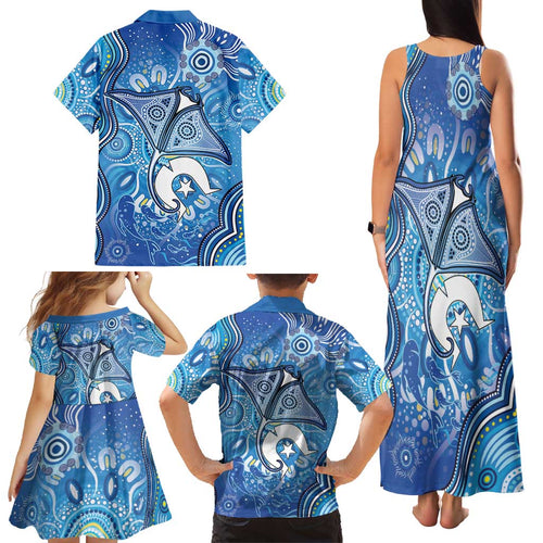 Torres Strait Islander Dhari Stingray Family Matching Tank Maxi Dress and Hawaiian Shirt Aboriginal Dot Art Blue Pastel Style