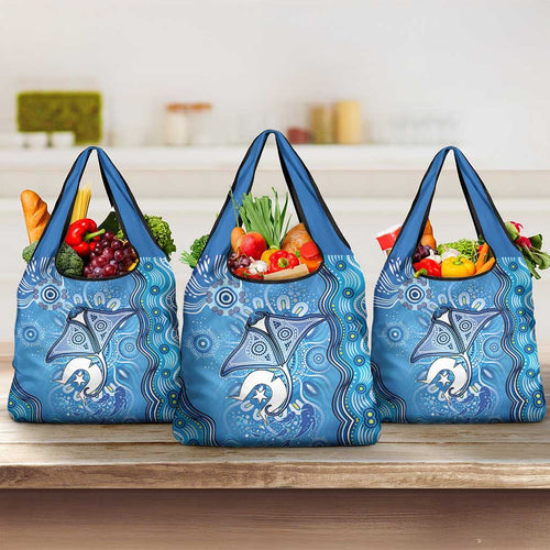 Torres Strait Islander Dhari Stingray Grocery Bag Aboriginal Dot Art Blue Pastel Style