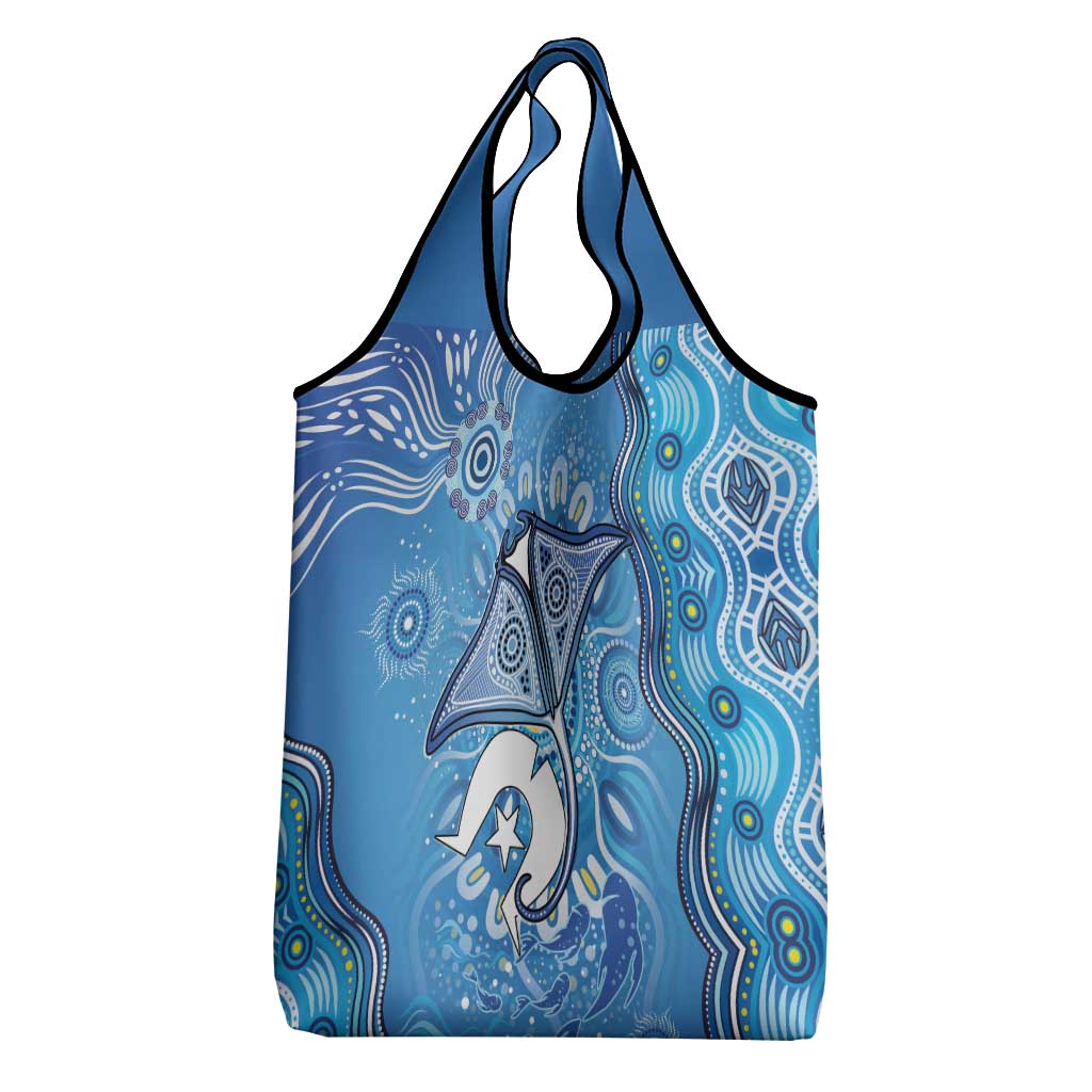 Torres Strait Islander Dhari Stingray Grocery Bag Aboriginal Dot Art Blue Pastel Style
