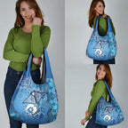 Torres Strait Islander Dhari Stingray Grocery Bag Aboriginal Dot Art Blue Pastel Style