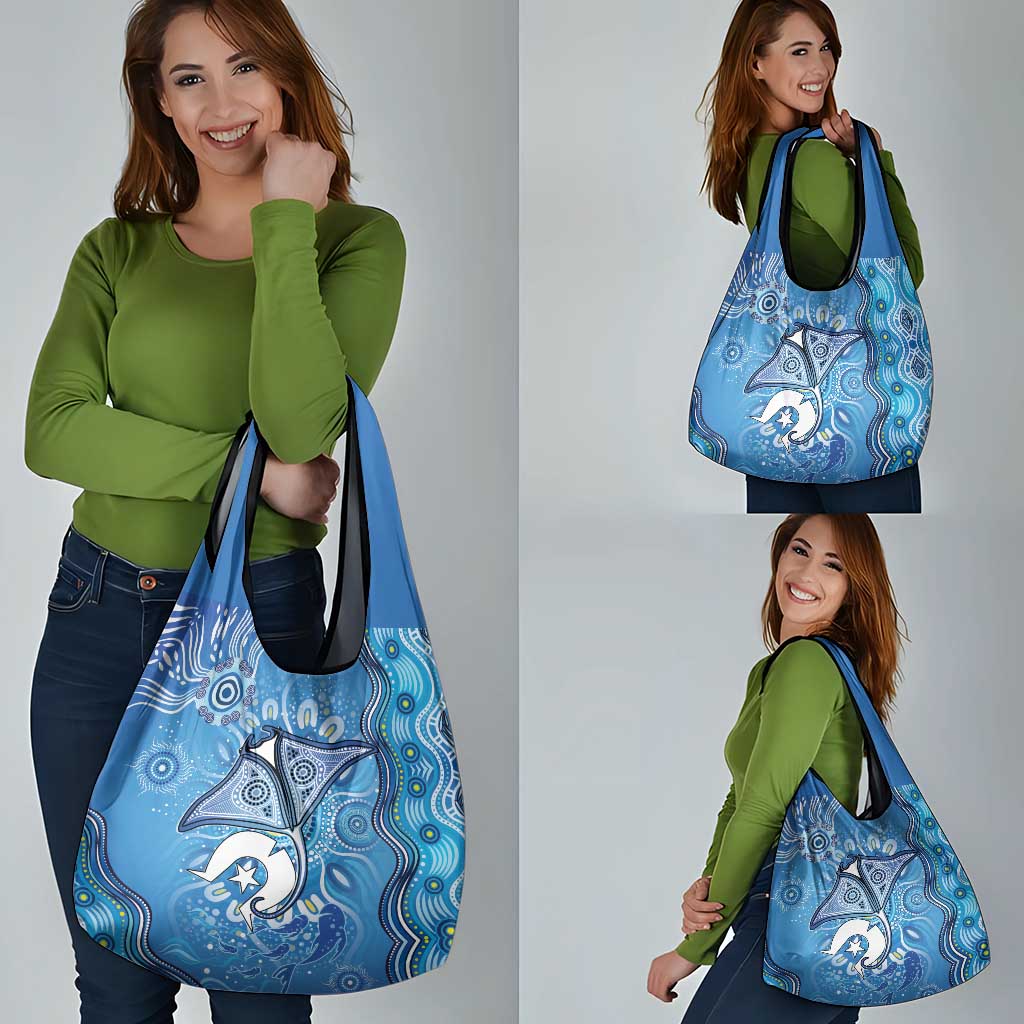 Torres Strait Islander Dhari Stingray Grocery Bag Aboriginal Dot Art Blue Pastel Style