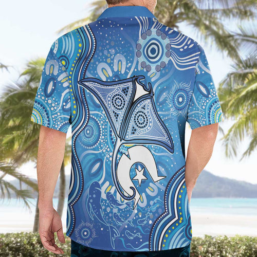 Torres Strait Islander Dhari Stingray Hawaiian Shirt Aboriginal Dot Art Blue Pastel Style