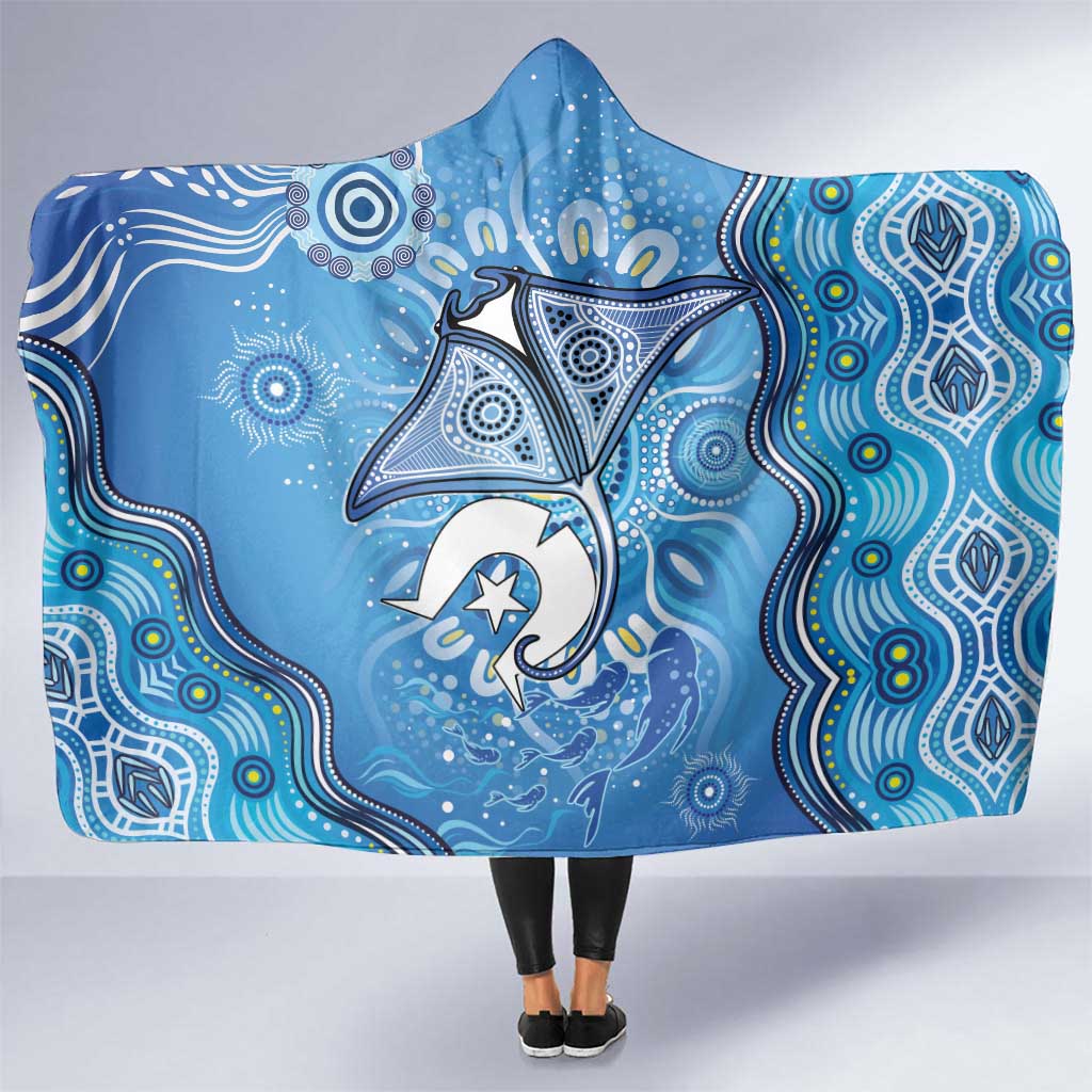 Torres Strait Islander Dhari Stingray Hooded Blanket Aboriginal Dot Art Blue Pastel Style