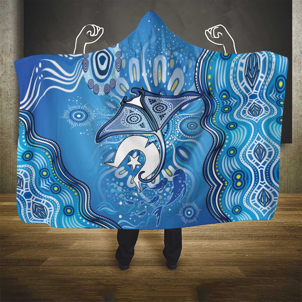 Torres Strait Islander Dhari Stingray Hooded Blanket Aboriginal Dot Art Blue Pastel Style