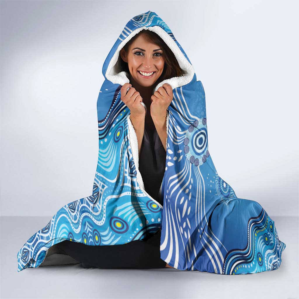 Torres Strait Islander Dhari Stingray Hooded Blanket Aboriginal Dot Art Blue Pastel Style