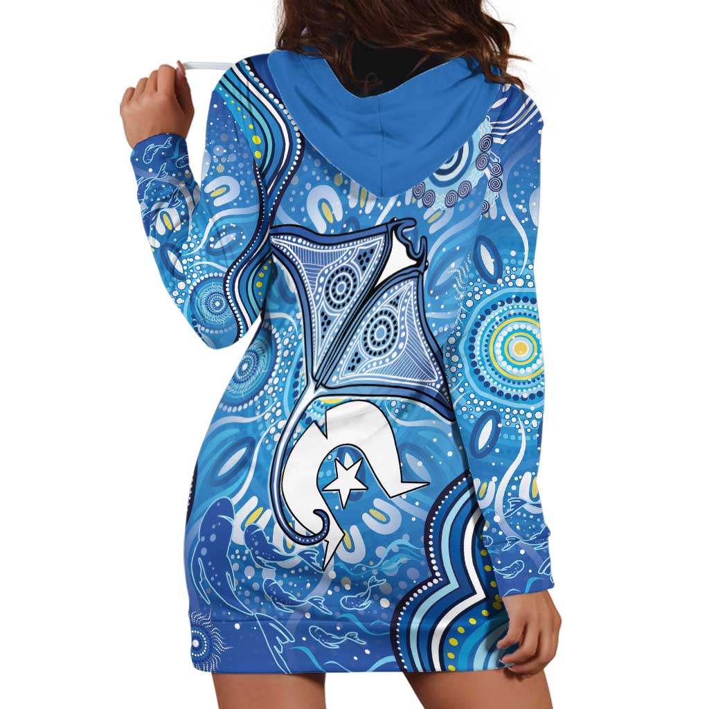 Torres Strait Islander Dhari Stingray Hoodie Dress Aboriginal Dot Art Blue Pastel Style