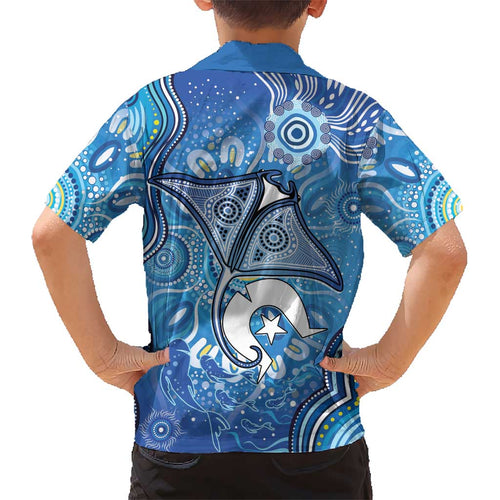 Torres Strait Islander Dhari Stingray Kid Hawaiian Shirt Aboriginal Dot Art Blue Pastel Style