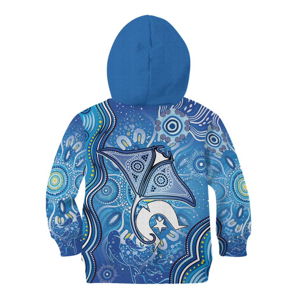 Torres Strait Islander Dhari Stingray Kid Hoodie Aboriginal Dot Art Blue Pastel Style