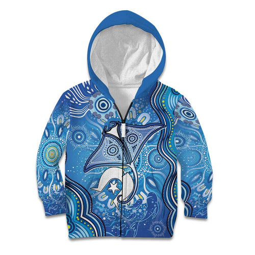Torres Strait Islander Dhari Stingray Kid Hoodie Aboriginal Dot Art Blue Pastel Style