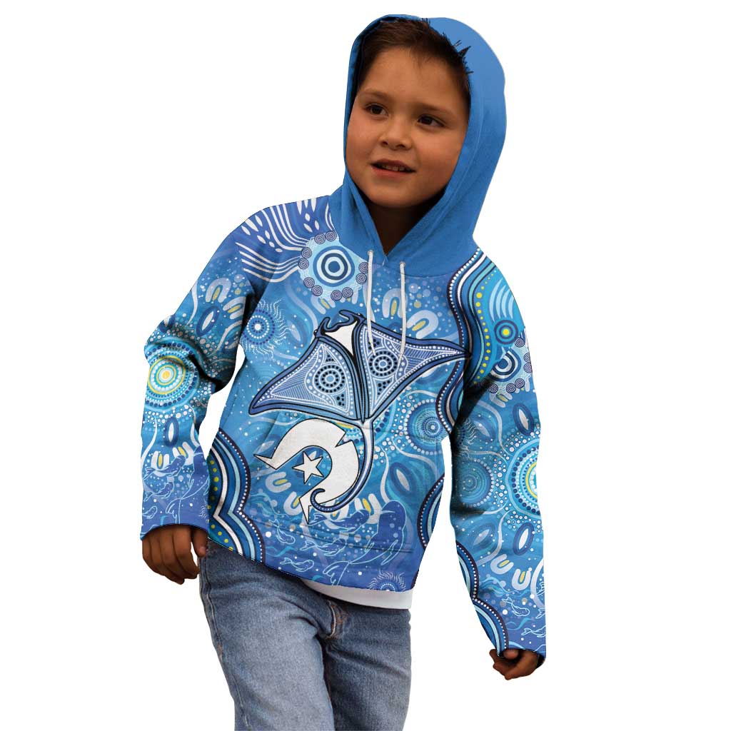 Torres Strait Islander Dhari Stingray Kid Hoodie Aboriginal Dot Art Blue Pastel Style