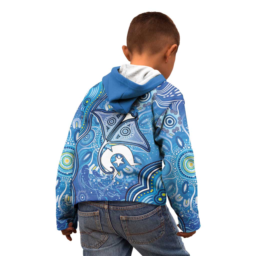 Torres Strait Islander Dhari Stingray Kid Hoodie Aboriginal Dot Art Blue Pastel Style