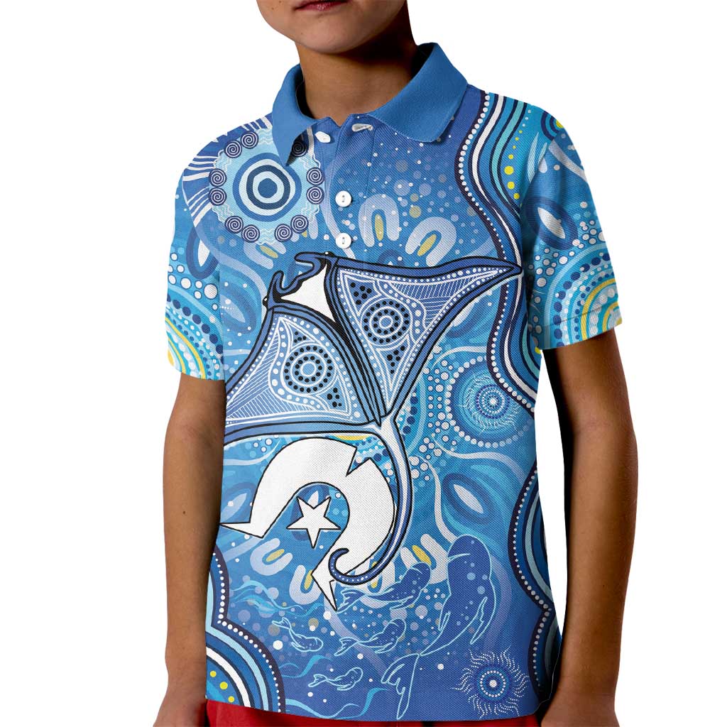 Torres Strait Islander Dhari Stingray Kid Polo Shirt Aboriginal Dot Art Blue Pastel Style
