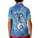 Torres Strait Islander Dhari Stingray Kid Polo Shirt Aboriginal Dot Art Blue Pastel Style