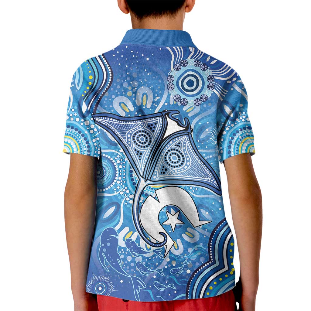 Torres Strait Islander Dhari Stingray Kid Polo Shirt Aboriginal Dot Art Blue Pastel Style