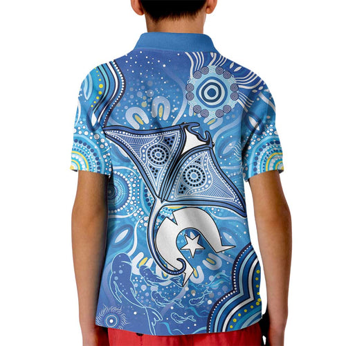 Torres Strait Islander Dhari Stingray Kid Polo Shirt Aboriginal Dot Art Blue Pastel Style