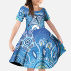 Torres Strait Islander Dhari Stingray Kid Short Sleeve Dress Aboriginal Dot Art Blue Pastel Style