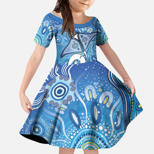 Torres Strait Islander Dhari Stingray Kid Short Sleeve Dress Aboriginal Dot Art Blue Pastel Style