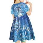 Torres Strait Islander Dhari Stingray Kid Short Sleeve Dress Aboriginal Dot Art Blue Pastel Style