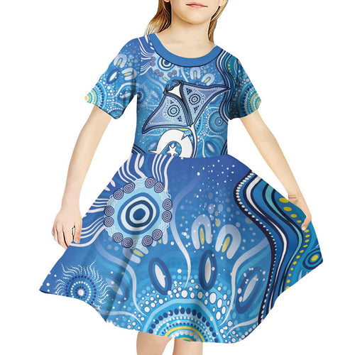 Torres Strait Islander Dhari Stingray Kid Short Sleeve Dress Aboriginal Dot Art Blue Pastel Style