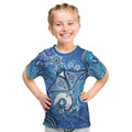 Torres Strait Islander Dhari Stingray Kid T Shirt Aboriginal Dot Art Blue Pastel Style