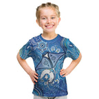 Torres Strait Islander Dhari Stingray Kid T Shirt Aboriginal Dot Art Blue Pastel Style