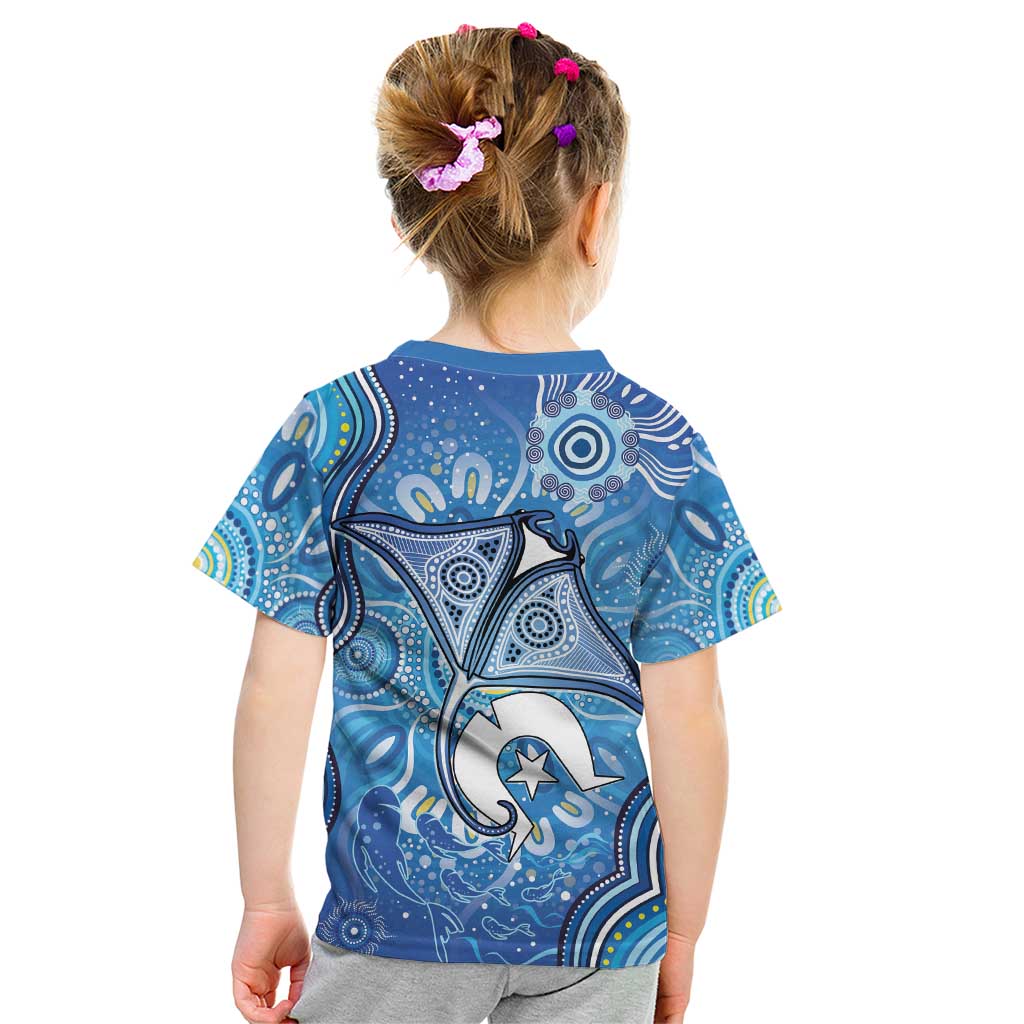 Torres Strait Islander Dhari Stingray Kid T Shirt Aboriginal Dot Art Blue Pastel Style