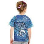 Torres Strait Islander Dhari Stingray Kid T Shirt Aboriginal Dot Art Blue Pastel Style