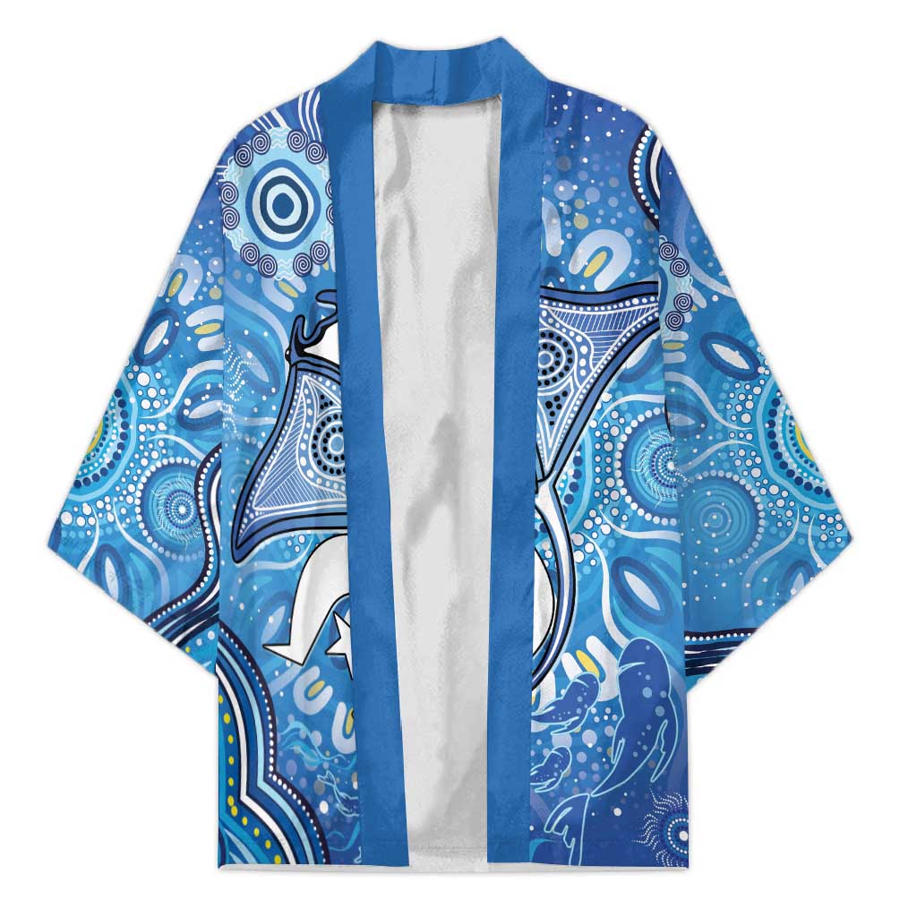 Torres Strait Islander Dhari Stingray Kimono Aboriginal Dot Art Blue Pastel Style