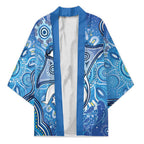 Torres Strait Islander Dhari Stingray Kimono Aboriginal Dot Art Blue Pastel Style