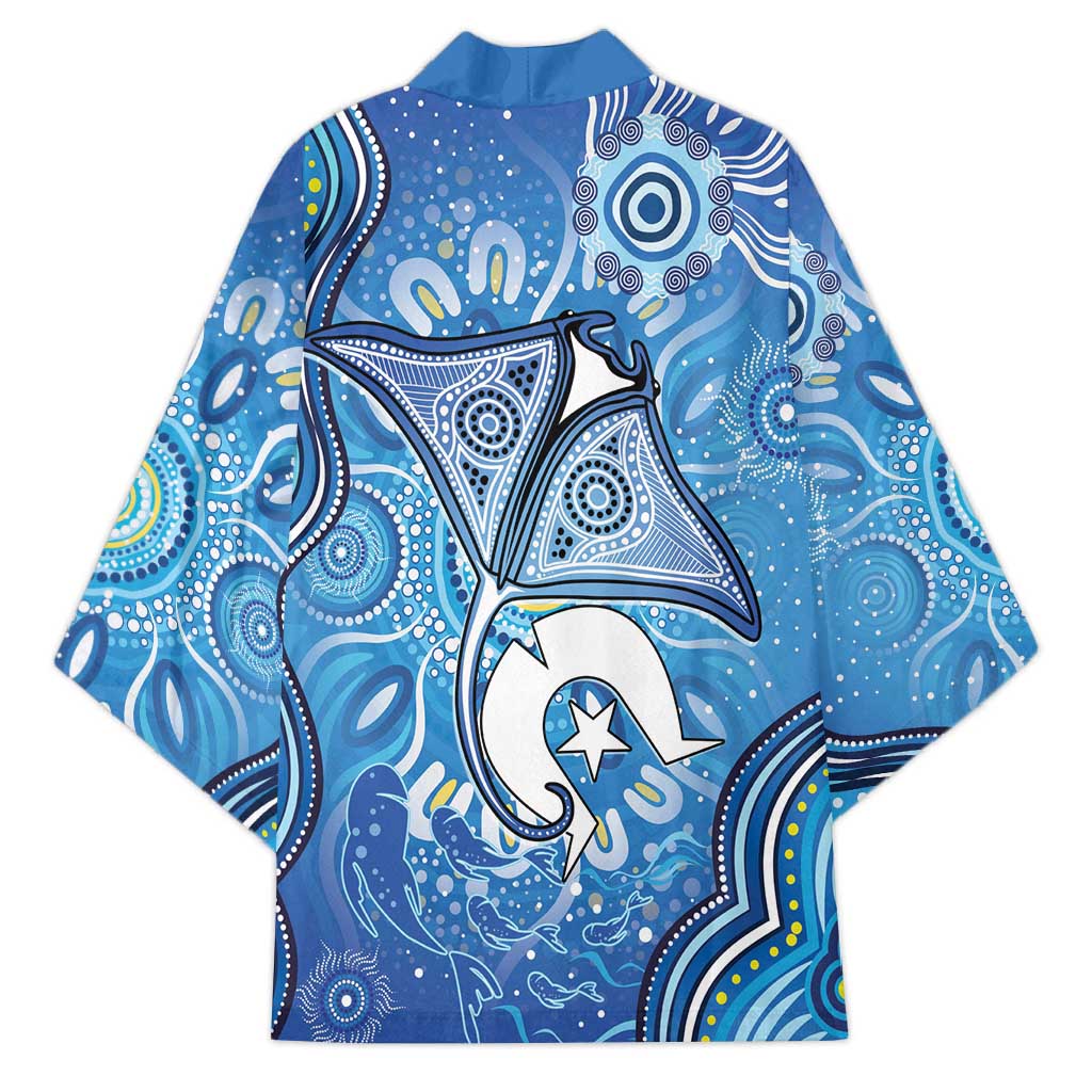 Torres Strait Islander Dhari Stingray Kimono Aboriginal Dot Art Blue Pastel Style