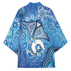 Torres Strait Islander Dhari Stingray Kimono Aboriginal Dot Art Blue Pastel Style