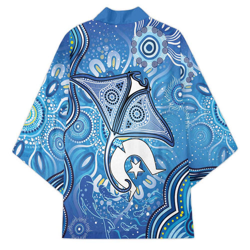 Torres Strait Islander Dhari Stingray Kimono Aboriginal Dot Art Blue Pastel Style
