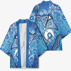 Torres Strait Islander Dhari Stingray Kimono Aboriginal Dot Art Blue Pastel Style