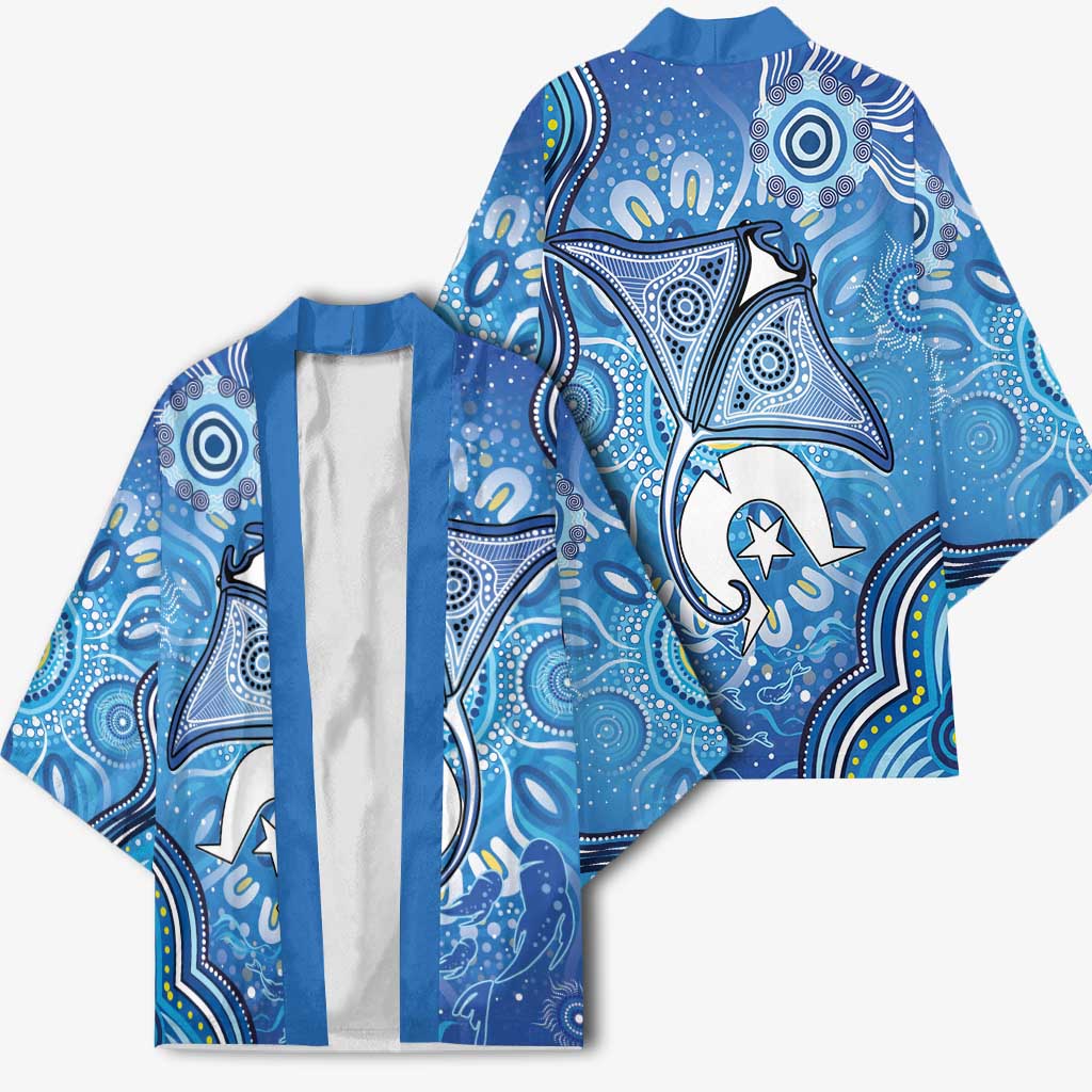 Torres Strait Islander Dhari Stingray Kimono Aboriginal Dot Art Blue Pastel Style